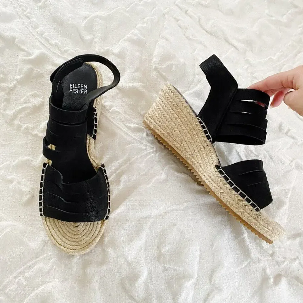 Eileen Fisher Largo Black Leather Jute Espadrille Wedge Sandal Heel Shoe…
